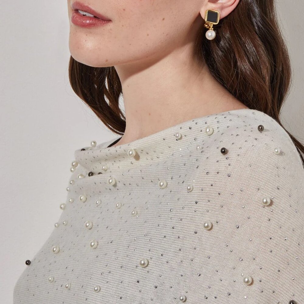 NWT Ming Wang Faux Pearl Embellished Cashmere Wool Blend Boat Neck Poncho